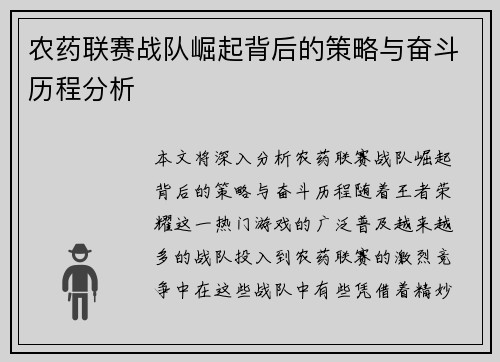 农药联赛战队崛起背后的策略与奋斗历程分析