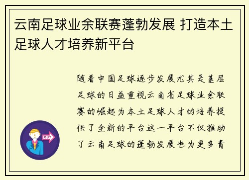 云南足球业余联赛蓬勃发展 打造本土足球人才培养新平台