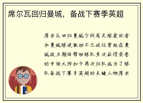 席尔瓦回归曼城，备战下赛季英超