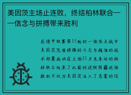 美因茨主场止连败，终结柏林联合——信念与拼搏带来胜利